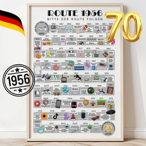 Peut inclure: Une affiche encadrée avec une chronologie intitulée "ROUTE 1956" en allemand, célébrant 70 ans. L'affiche comprend un drapeau allemand et un ballon doré avec le chiffre 70. La chronologie présente des événements de 1956 à 2026.