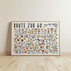 May include: A framed print with the text "ROUTE ZUR 60" and "GEBOREN 1966". The print is filled with small illustrations and star-shaped icons. The bottom right corner has the text "HAPPY BIRTHDAY! 2026".