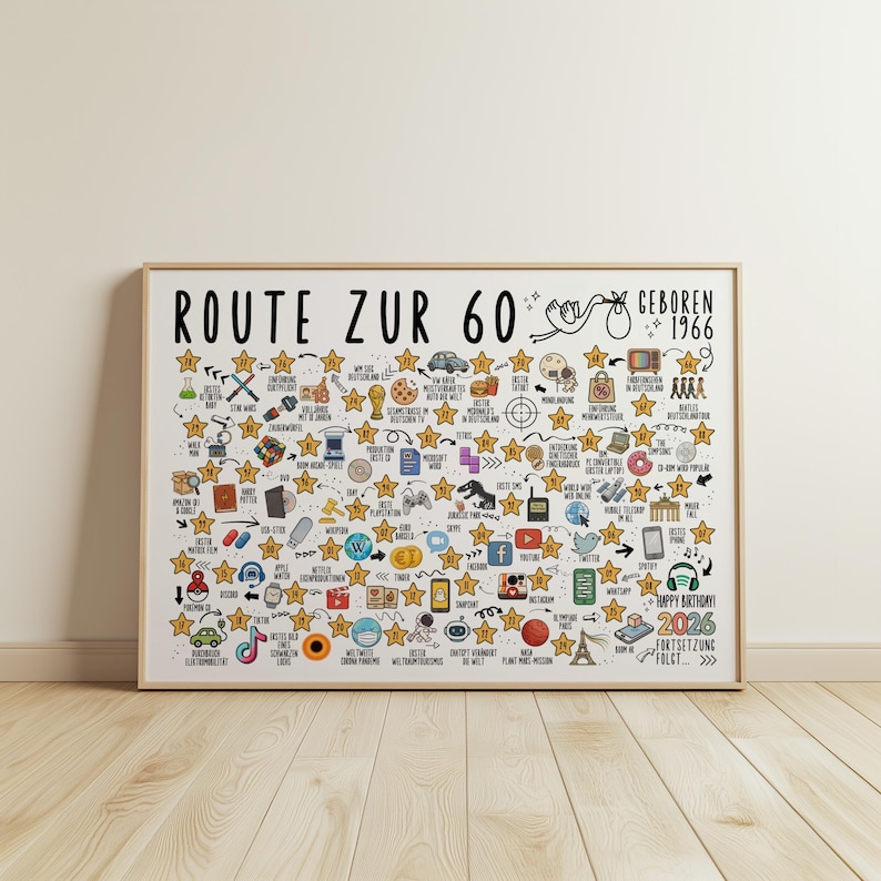 May include: A framed print with the text "ROUTE ZUR 60" and "GEBOREN 1966". The print is filled with small illustrations and star-shaped icons. The bottom right corner has the text "HAPPY BIRTHDAY! 2026".