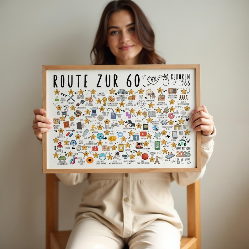 May include: A framed print with a light wood frame. The print features a hand-drawn design with the text "ROUTE ZUR 60" and "GEBOREN 1966". The design includes various icons and stars, with the year 2026 at the bottom.