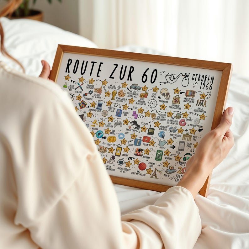 May include: A framed print with the text "ROUTE ZUR 60" and "GEBOREN 1966" in black. The print features numerous small illustrations and stars, all within a light brown wooden frame. The print is held by a person.
