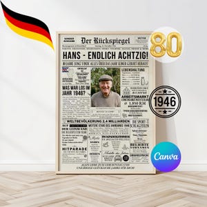 Könnte beinhalten: Ein gerahmter Zeitungsdruck zum 80. Geburtstag. Die Schlagzeile lautet "Hans - Endlich Achtzig!" mit Text und einem Foto eines Mannes. Enthält das Jahr 1946 in einem kreisförmigen Emblem und einen goldenen "80"-Ballon.