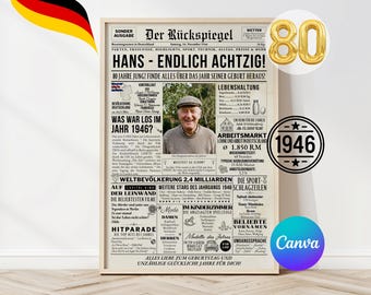 1946 80th Birthday - Personalized Retro Newspaper as a Gift for Men and Women - Instant Access via Canva