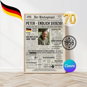 Könnte beinhalten: Ein gerahmter Druck im Zeitungsstil, der einen 70. Geburtstag feiert. Das Design zeigt ein Porträt, Schlagzeilen und Text auf Deutsch mit einer deutschen Flaggen-Grafik. Der Druck enthält das Jahr 1956 und das Canva-Logo.