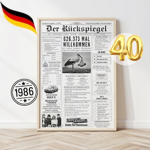 Könnte beinhalten: Gerahmter Druck einer deutschen Zeitung von 1986 mit der Überschrift "Der Rückspiegel". Der Druck enthält Text, eine Storch-Illustration und ein "1986"-Emblem. Ein goldener "40"-Ballon befindet sich rechts. Die deutsche Flagge ist oben links.