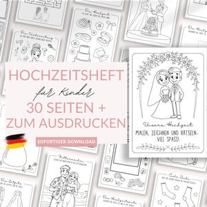 Hochzeitsheft für Kinder - deutsch- 30 Mal- und Rätselseiten mit passenden Motiven zur Hochzeit (digitaler Download als PDF + Bonus Canva)