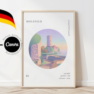 Puede incluir: Un póster enmarcado con una ilustración de un castillo dentro de un círculo. La palabra "BIELEFELD" está en la parte superior, con texto y coordenadas adicionales. También hay una bandera alemana y un logotipo de "Canva".