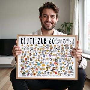 May include: A framed print with the text "ROUTE ZUR 60" and "GEBOREN 1966" in black. The print is filled with small, hand-drawn illustrations and stars. The bottom right corner has the text "HAPPY BIRTHDAY! 2026 FORTSETZUNG FOLGT".
