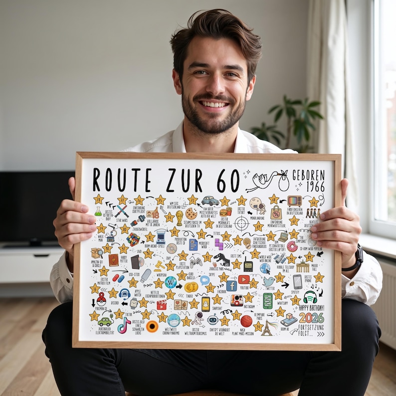 May include: A framed print with the text "ROUTE ZUR 60" and "GEBOREN 1966" in black. The print is filled with small, hand-drawn illustrations and stars. The bottom right corner has the text "HAPPY BIRTHDAY! 2026 FORTSETZUNG FOLGT".