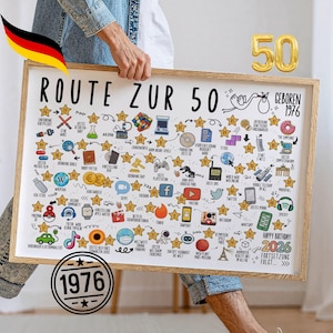 1976 50. Geburtstag Jahrgangsposter – Route zur 50 Zeitreise als digitaler Download DIN A1–A5