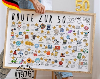 Poster van het 50-jarig jubileumjaarboek uit 1976 – Route naar de 50e Tijdreizen als digitale download DIN A1–A5