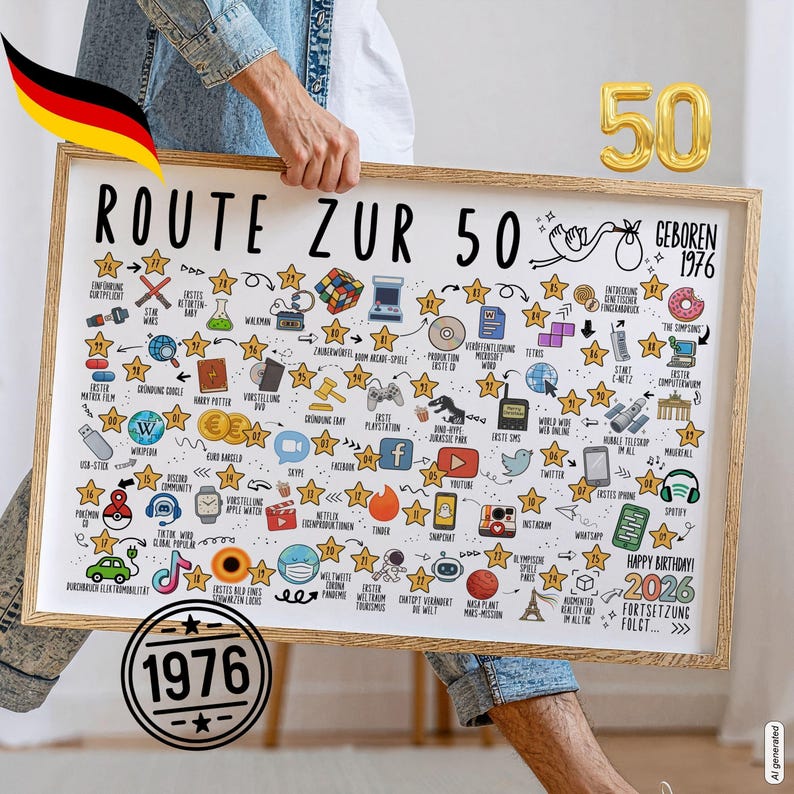 1976 50. Geburtstag Jahrgangsposter – Route zur 50 Zeitreise als digitaler Download DIN A1–A5 Bild 1