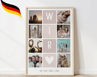 May include: A collage of family photos with the word "WIR" in the center, meaning "we" in German. The photos show a family of five, including a baby, in various settings. The names "MIA | BEN | ANNA | LUKAS" are written at the bottom of the collage.