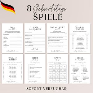 Könnte beinhalten: Ein Set von acht druckbaren Geburtstagsspielen auf weißen Karten. Die Karten zeigen verschiedene Spieltitel und -aufforderungen auf Deutsch, mit einer deutschen Flagge oben links. Die Worte "SOFORT VERFÜGBAR" stehen unten.