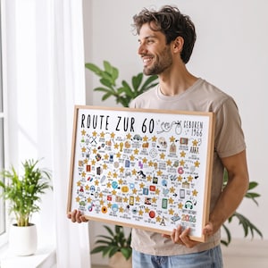 May include: A framed print with the text "ROUTE ZUR 60" and "GEBOREN 1966" in black. The print is filled with small illustrations and star accents. The frame is a light brown color.
