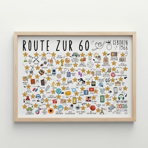 May include: A framed print with the text "ROUTE ZUR 60 GEBOREN 1966" and "HAPPY BIRTHDAY! 2026 FORTSETZUNG FOLGT >>>". The print features a timeline of events and icons, including a car, TV, and social media logos, all set against a white background.