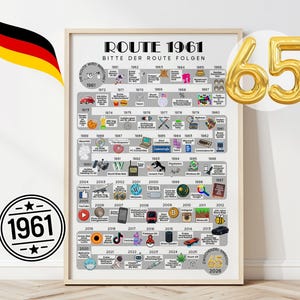 Puede incluir: Una impresión enmarcada con el texto "ROUTE 1961" y una línea de tiempo de eventos. Un número dorado "65" está en la esquina superior derecha. Un gráfico circular en blanco y negro con "1961" está en la esquina inferior izquierda. Una bandera alemana está en la esquina superior izquierda.