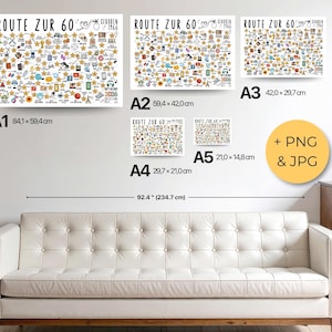 May include: A collection of framed art prints with the text "ROUTE ZUR 60" and various illustrations. The largest print measures 84.1 x 59.4 cm. The prints are displayed above a white sofa.