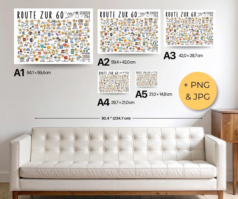 May include: A collection of framed art prints with the text "ROUTE ZUR 60" and various illustrations. The largest print measures 84.1 x 59.4 cm. The prints are displayed above a white sofa.
