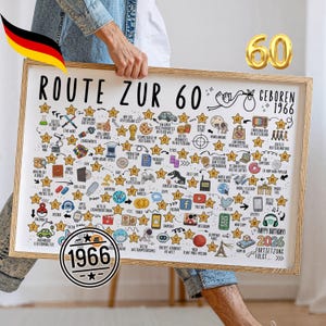 Könnte beinhalten: Ein gerahmtes Poster mit dem Text "ROUTE ZUR 60 GEBOREN 1966" und verschiedenen Illustrationen. Das Poster enthält die Zahl "60" in Gold und eine deutsche Flagge. Der untere Teil des Posters trägt den Text "HAPPY BIRTHDAY! 2026".