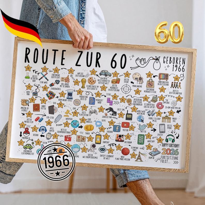 May include: A framed poster with the text "ROUTE ZUR 60 GEBOREN 1966" and various illustrations. The poster includes the number "60" in gold and a German flag. The bottom of the poster has the text "HAPPY BIRTHDAY! 2026".