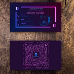 Cartão de visita neon personalizável para indústria de tecnologia com código QR - engenheiro de software, cientista da computação, empreendedor de tecnologia