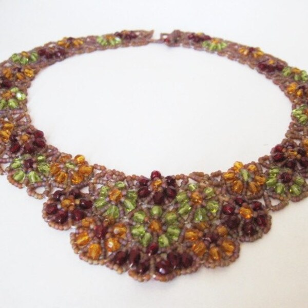 Bib Necklace Flower Floral Collar Beaded Beadweaving Woven Handmade Elegant Dressy Statement Special Unique Faceted Green Yellow Red Athena