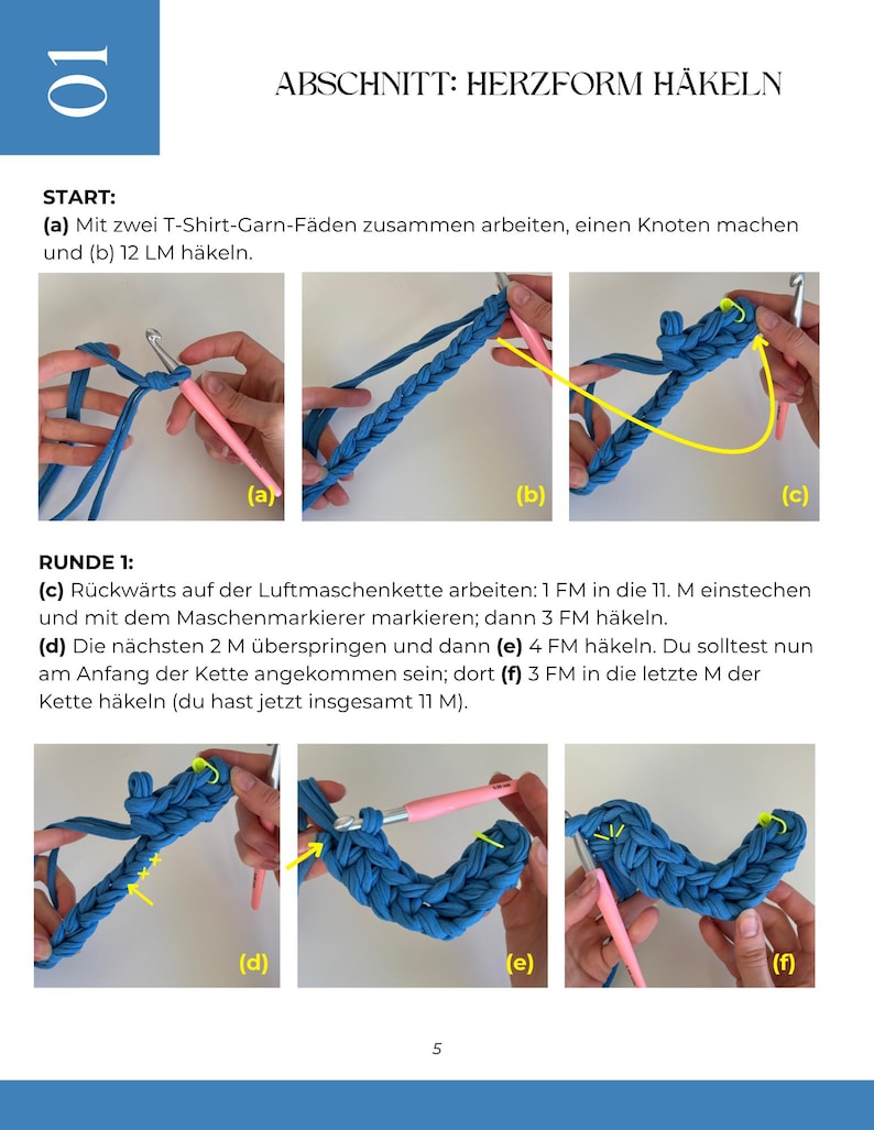 May include: A page from a crochet tutorial with step-by-step instructions. The text reads "Abschnitt: Herzform H&auml;keln" and includes diagrams with blue yarn and a pink crochet hook. The instructions are in German.