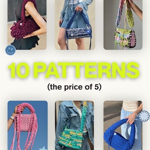 Pacote de padrões de bolsas de crochê para iniciantes, 10 bolsas de fio de camiseta (PDF + vídeo)