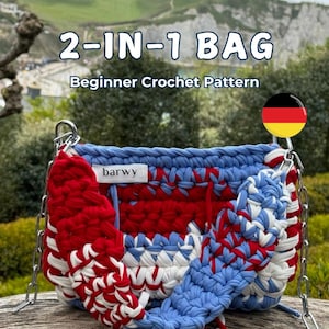 Puede incluir: Bolso de ganchillo hecho a mano en rojo, blanco y azul, con una correa de cadena. El texto "2-IN-1 BAG Beginner Crochet Pattern" es visible. El bolso está hecho con hilo grueso, lo que le da un aspecto texturizado. La marca "barwy" es visible.