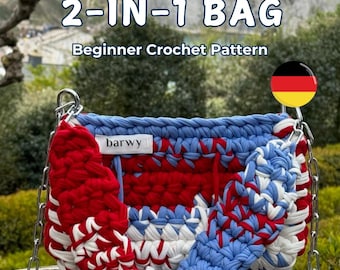 CHERRY Tasche Häkelanleitung: Anfänger PDF + Video, T-Shirt-Garn, Verstellbarer Henkel