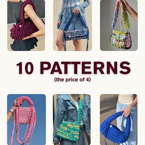 Peut inclure: Une collection de six sacs au crochet de différentes couleurs et textures, incluant des modèles violet foncé, bleu, rose et multicolores. Le texte 10 PATTERNS (the price of 4) est affiché au centre au-dessus des images de ces accessoires.