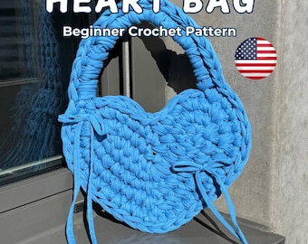 Bolso de mano de corazón de crochet: Hilo de camiseta para principiantes, tallas pequeñas y medianas (PDF en inglés)