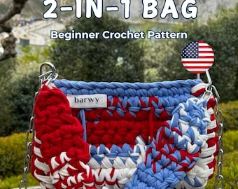 Modello per borsa 2 in 1 all'uncinetto: PDF per principianti in inglese + video tutorial, filato ricavato da una maglietta.