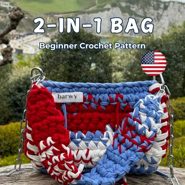 Gehäkelte 2-in-1 Taschen-Muster: Anfänger Englisch PDF + Video Anleitung, T-Shirt Garn