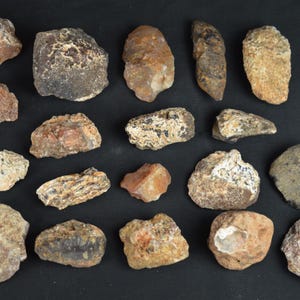 May include: A selection of rocks and stones in various shapes and sizes, with colours ranging from light beige to dark brown. Some stones have textured surfaces and unique patterns. The arrangement is presented on a dark background.