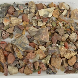 May include: A selection of small, irregularly shaped rocks in shades of brown, grey, red, and beige. The rocks vary in size and texture, with some appearing smooth and others rough. The assortment is contained within a white, rectangular container.