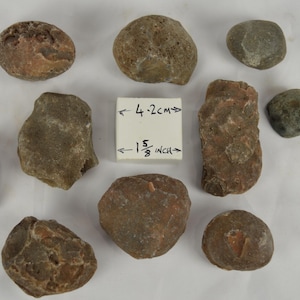 May include: A collection of nine natural, irregularly shaped stones in shades of brown, tan, and grey. A white square block in the centre displays the text 4.2cm and 1 5/8 inch, indicating the scale of the stones surrounding it.