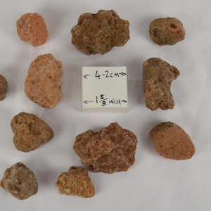 May include: A collection of eleven porous, irregularly shaped volcanic rocks in shades of brown, tan, and reddish-orange. A white square block in the centre displays the text 4.2cm and 1 5/8 inch with arrows indicating the measured width.