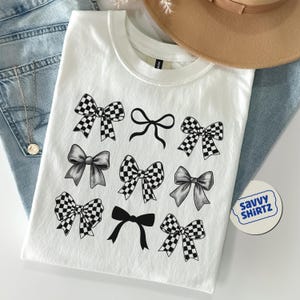 Checkered Bow T-Shirt, Coquette Bow Shirt, Bows Shirt, Black Bow Shirt, Retro T-Shirt, Motoracing Car Shirt