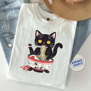 Chemise chat nouilles, T-shirt chat ramen, chemises pour gourmets, t-shirts nouilles chat noir, t-shirts chat rétro, sweat-shirts amoureux des chats, t-shirt chat noir