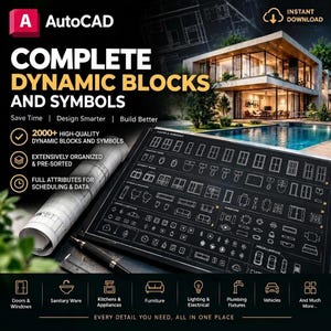 May include: A digital collection of AutoCAD complete dynamic blocks and symbols featuring over 2000 high-quality items. The display includes categories for doors, windows, sanitary ware, furniture, lighting, electrical, and vehicles.