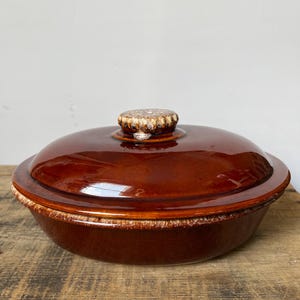 Vintage Hull Pottery Brown Drip Glaze Oval Casserole Dish with Lid – Rustic Farmhouse Kitchenware