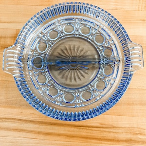 Vintage Federal Indiana Glass Windsor Blue Button and Cane Divided Relish Dish