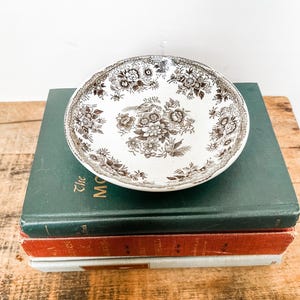 May include: A small, antique, white and brown floral patterned plate. The plate is placed on top of a stack of vintage books with green and red covers. The plate has a scalloped edge and a detailed floral design.