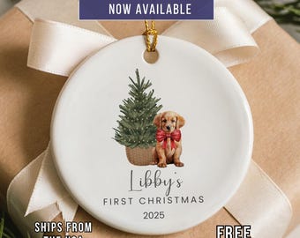Personalized Golden Retriever Puppy's First Christmas Ornament: Ceramic Keepsake with Gift Box