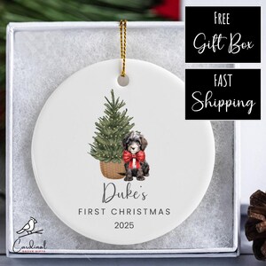 Personalized Portuguese Water Dog Puppy&#39;s First Christmas Ornament | 3&quot; Round Ceramic Ornament with Gift Box