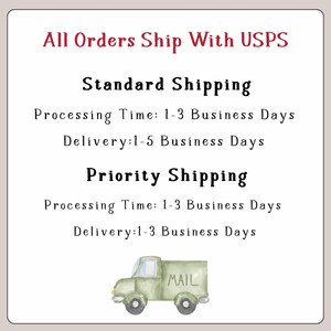 USPS Shipping Policy Image, Standard and Priority Delivery Details, Processing Times, Mail Truck Graphic, Etsy Shop Info Display

USPS