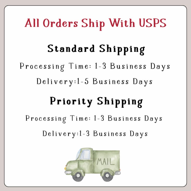 USPS Shipping Policy Image, Standard and Priority Delivery Details, Processing Times, Mail Truck Graphic, Etsy Shop Info Display

USPS