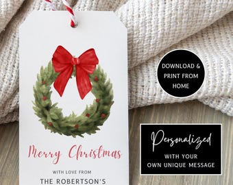 Personalized Christmas Wreath Gift Tags (Printable PDF)